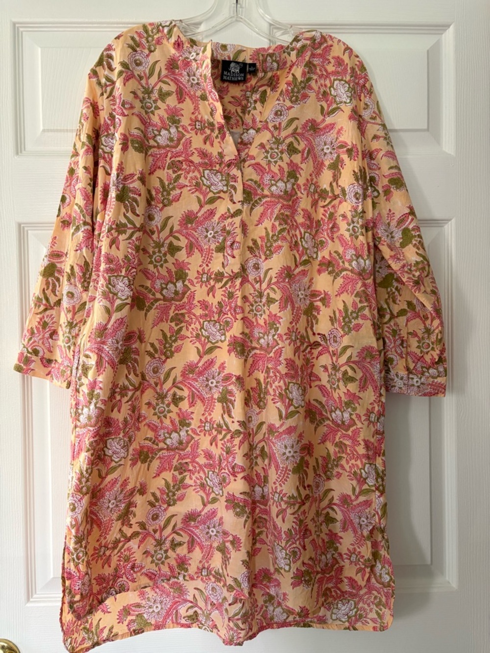 Madison Mathews Peach Pink green white Floral Tunic dress size large